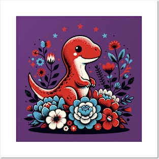 Cute dinosaur with flowers Posters and Art